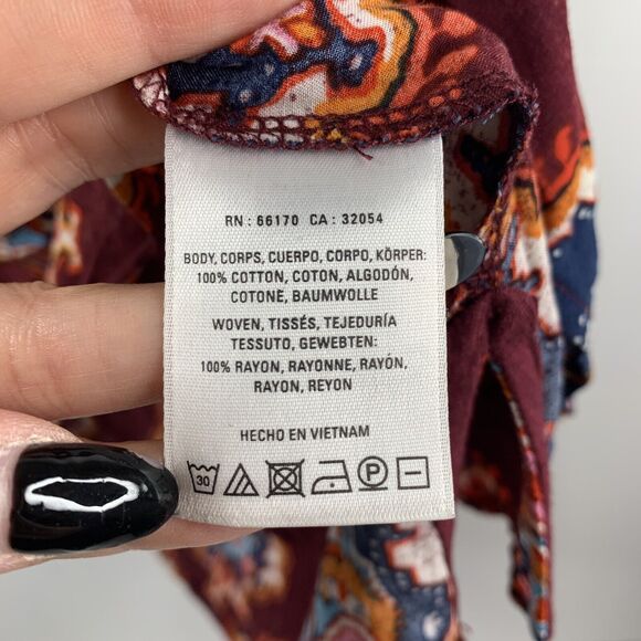 Anthropologie Meadow Rue Size S Tunic Top Burgundy Solvo Roll Tab Printed Blouse - Picture 5 of 7